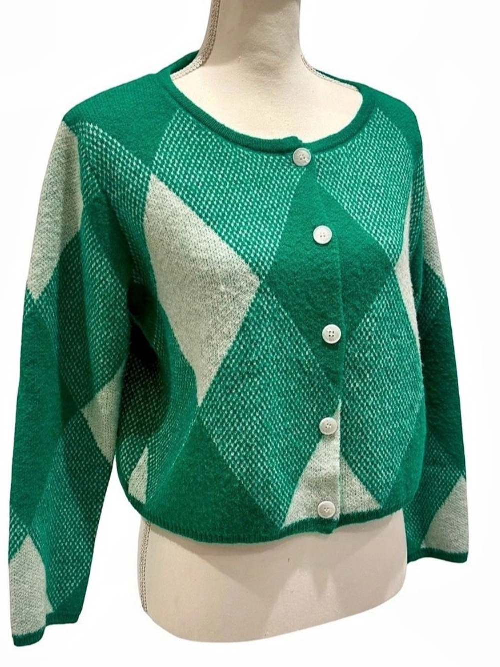 Cider Geometric Sweater Cardigan in Green & White (Large)